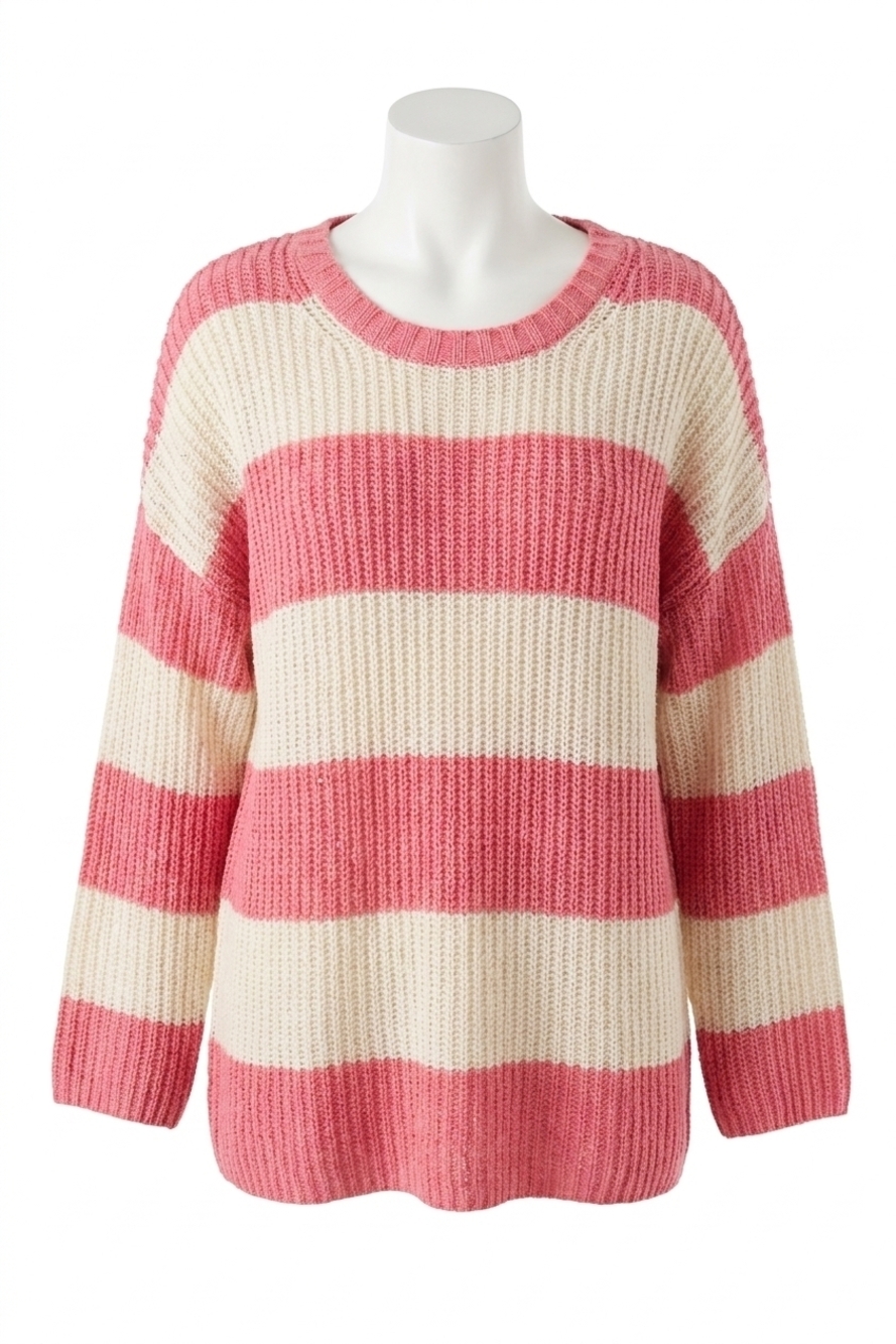 NEW WOODEN SHIPS foster striped crew cotton sweater in fierce pink breaker white